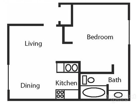 A simple black and white drawing of a house layout with labeled rooms.
